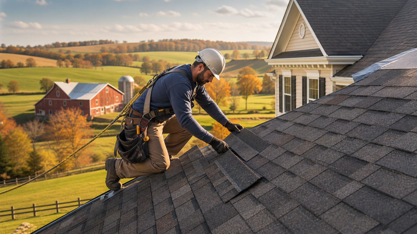 Roofer working on a colonial home in Lancaster County Pennsylvania
